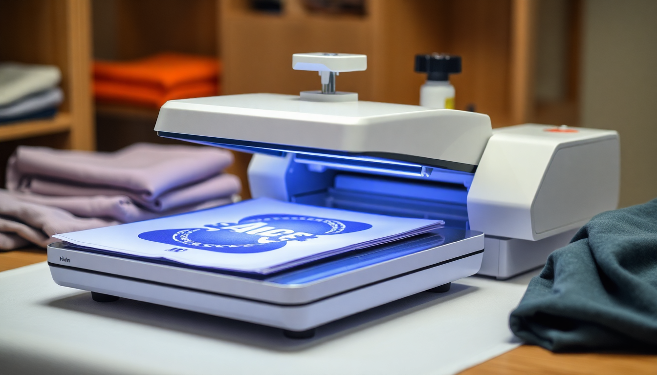 A professional heat press machine being used to apply a custom design onto a blank, surrounded by stacks of colorful blank apparel.