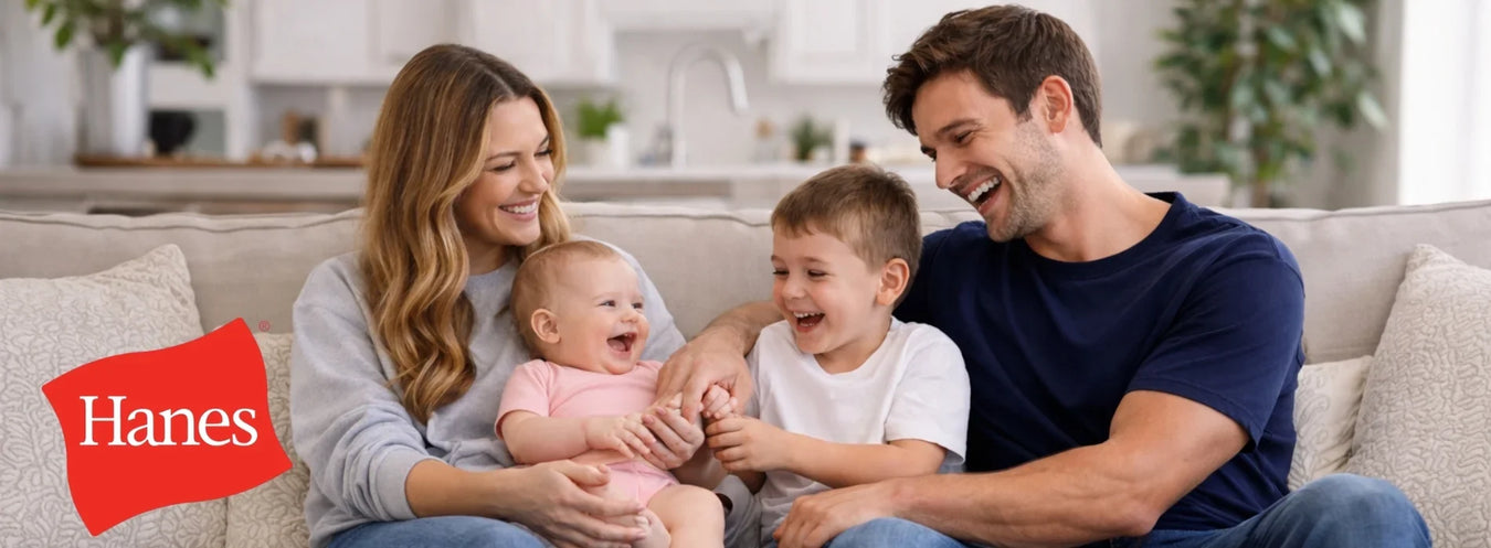Hanes blank apparel on family – comfortable everyday t-shirts for adults and kids in lifestyle setting